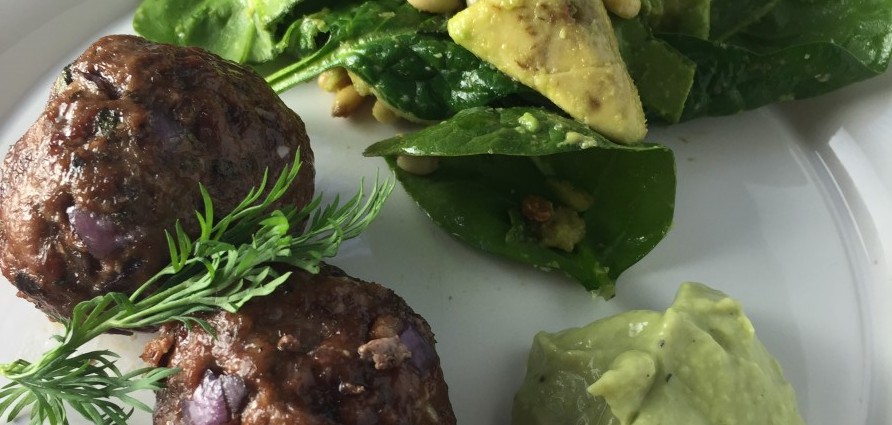 Greek Meatballs with Avocado Tzatziki Sauce and Spinach Salad_a Recipe
